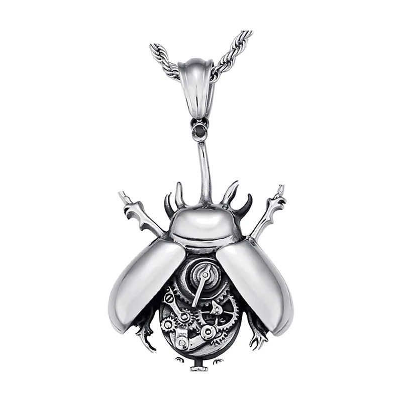 Mechanical Beetle Pendant with Rope Chain, Stainless Steel