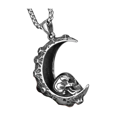 Collana con Pendente Luna Crescente e Teschio, Acciaio Inossidabile