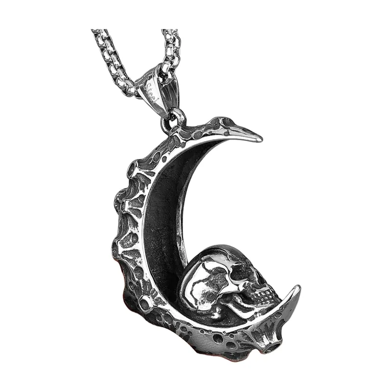 Collier Pendentif Lune et Crâne, Acier Inoxydable