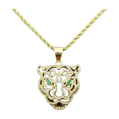 Tigerkopf Anhänger mit grünen Steinen und Kordelkette, Edelstahl