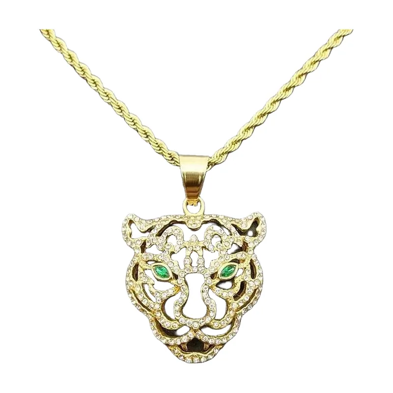 Tigerkopf Anhänger mit grünen Steinen und Kordelkette, Edelstahl