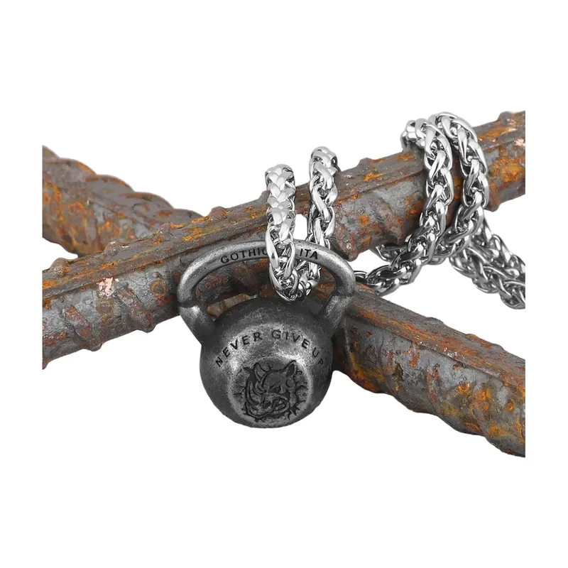 Collier Pendentif Kettlebell avec Motif Loup, Acier Inoxydable