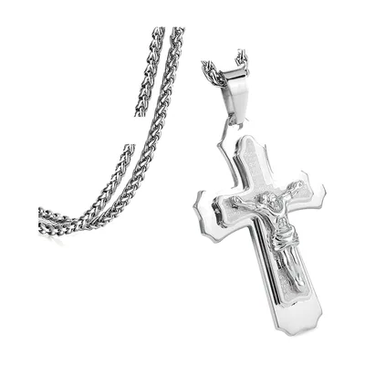 Crucifix Cross Pendant with Byzantine Chain, Stainless Steel