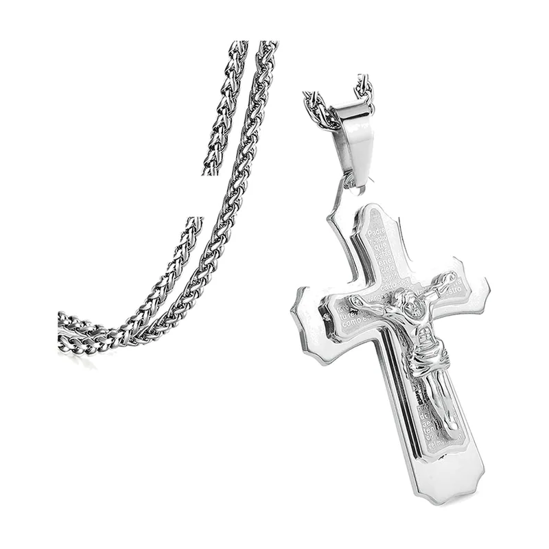 Crucifix Cross Pendant with Byzantine Chain, Stainless Steel