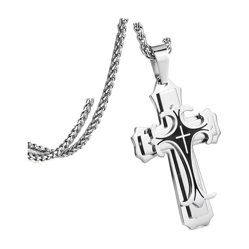 Cross Pendant with Byzantine Chain, Stainless Steel