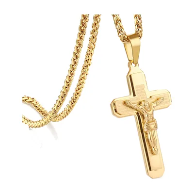 Crucifix Cross Pendant with Byzantine Chain, Stainless Steel