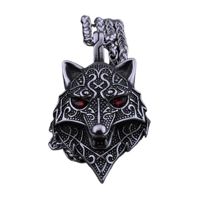 Wikinger Wolfskopf Anhänger mit roten Steinen, Edelstahl