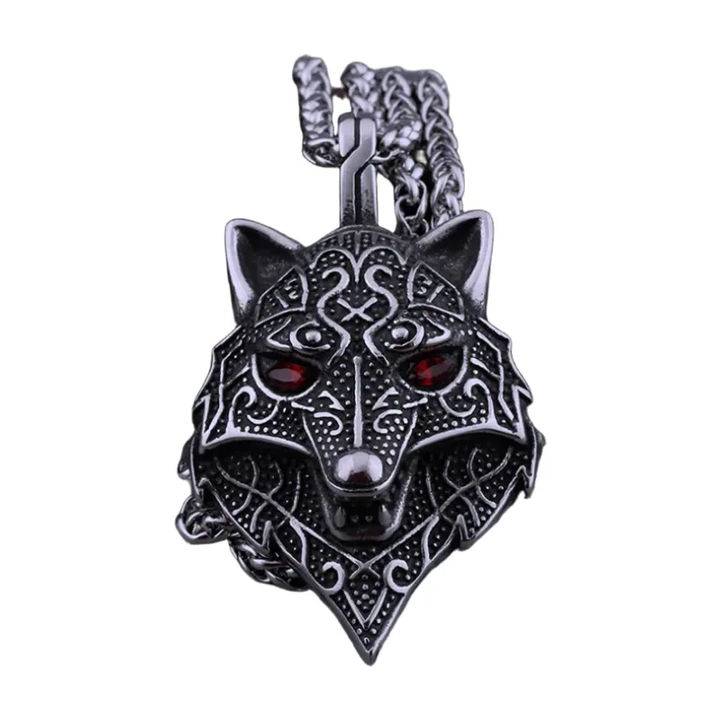 Viking Wolf Head Pendant with Red Stones, Stainless Steel