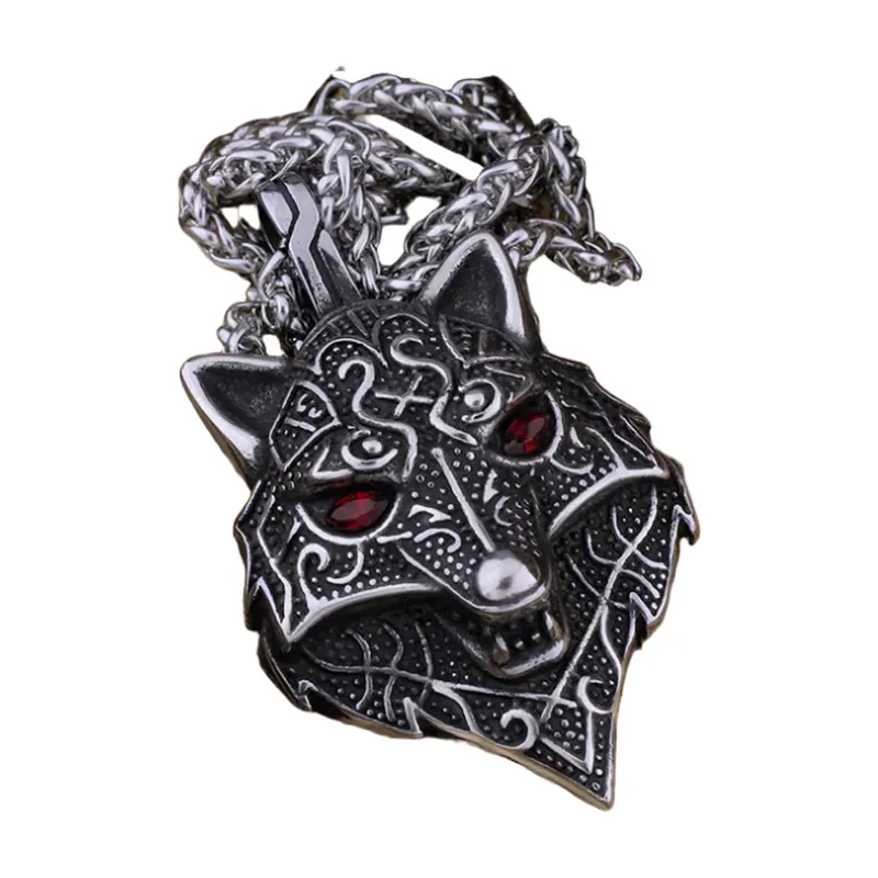 Nordic Wolf Head Pendant with Red Stones, Stainless Steel