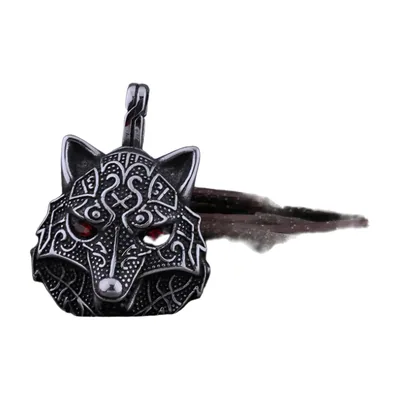 Nordic Wolf Head Pendant with Red Stones, Stainless Steel