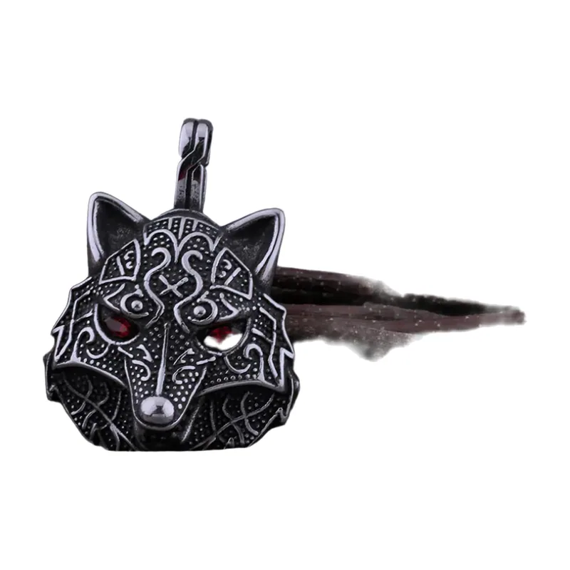 Nordic Wolf Head Pendant with Red Stones, Stainless Steel