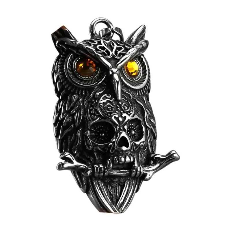 Eule und Totenkopf Wikinger Anhänger mit Bernsteinsteinen, Edelstahl
