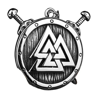 Valknut Wikinger Anhänger mit Schild und Schwertern, Edelstahl
