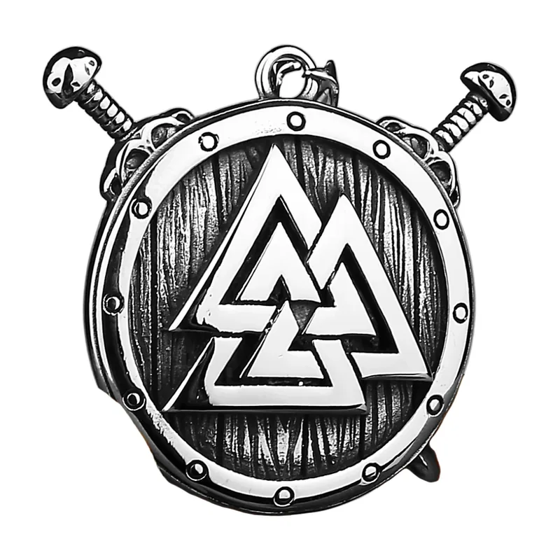 Valknut Viking Pendant with Shield and Swords, Stainless Steel