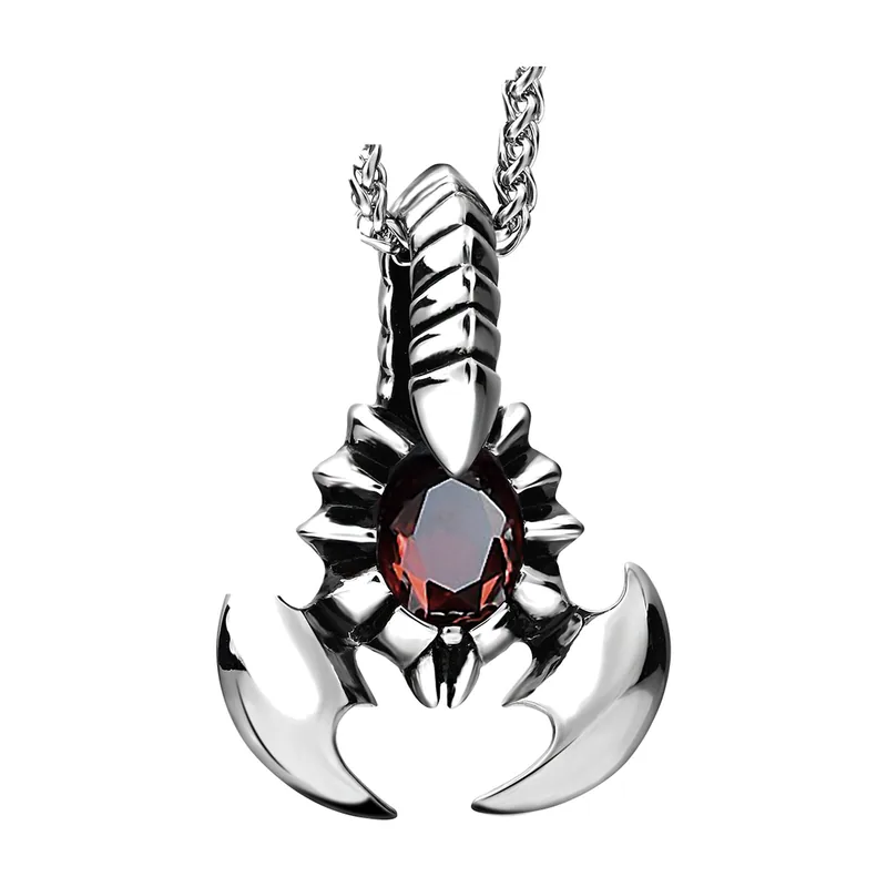Collier Scorpion avec Pierre Rouge, Acier Inoxydable