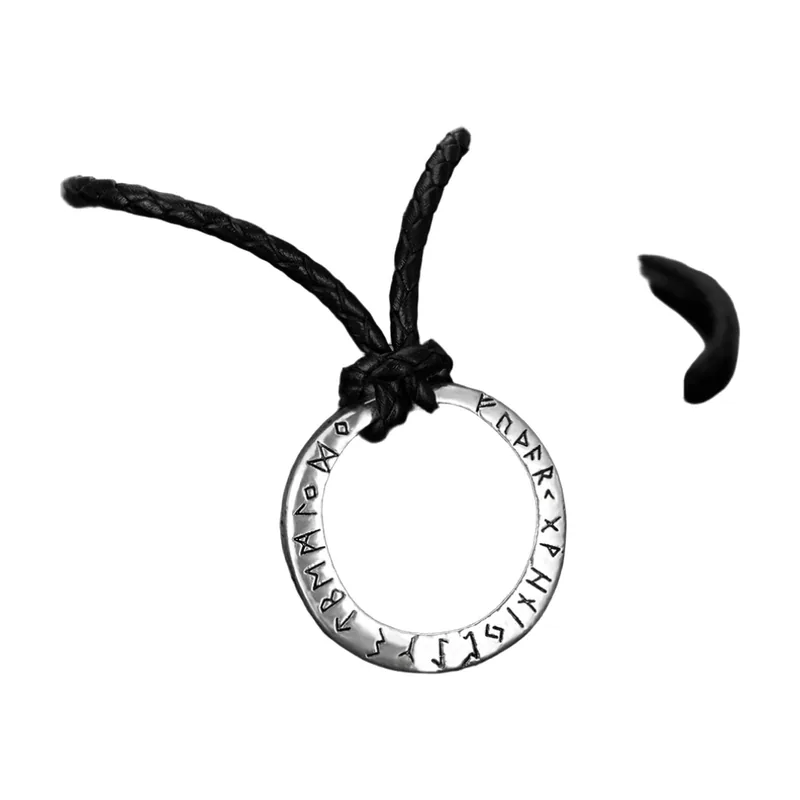 Pendente Cerchio con Rune Nordiche e Cordino Trecciato, Acciaio Inossidabile