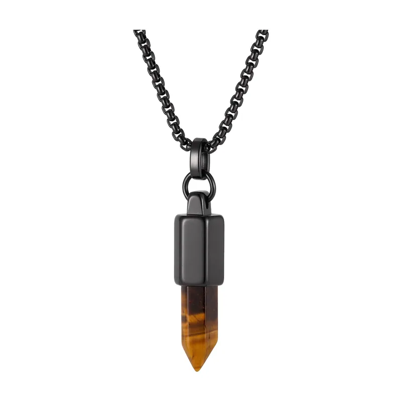 Tiger's Eye Crystal Point Pendant with Box Chain, Stainless Steel