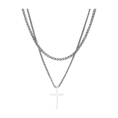 Minimalist Cross Pendant with Rope Chain, Stainless Steel