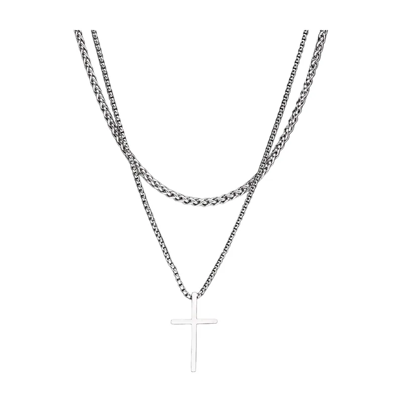 Minimalist Cross Pendant with Rope Chain, Stainless Steel