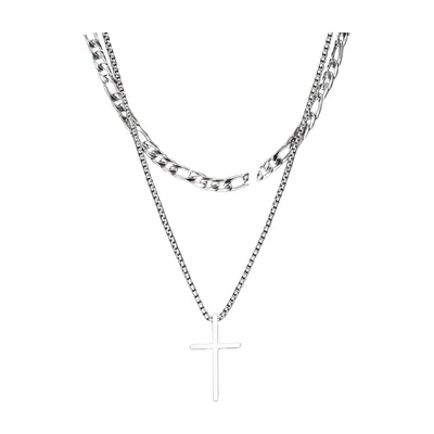Cross Pendant Necklace with Curb Chain, Stainless Steel