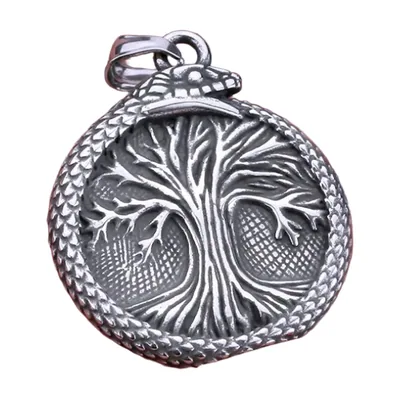Yggdrasil Lebensbaum Anhänger mit Ouroboros Schlange, Edelstahl