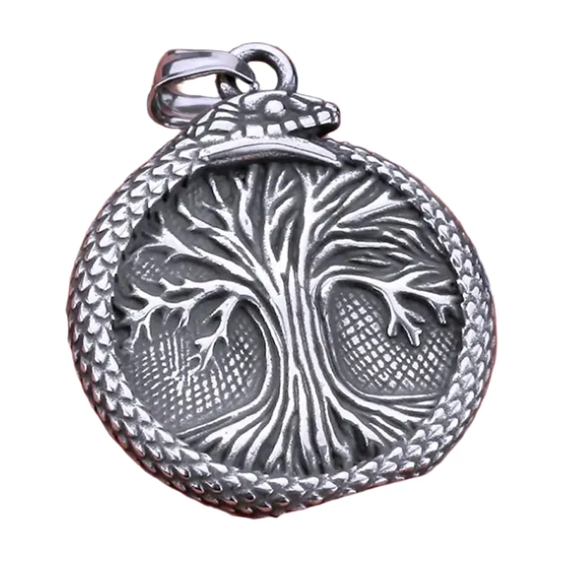 Yggdrasil Lebensbaum Anhänger mit Ouroboros Schlange, Edelstahl