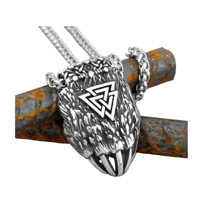 Bear Claw Pendant with Valknut Symbol, Stainless Steel