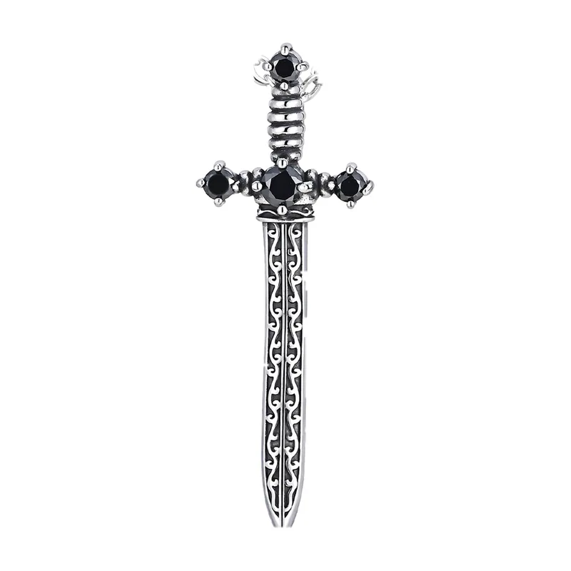 Collier Pendentif Épée avec Zircone Noire, Acier Inoxydable