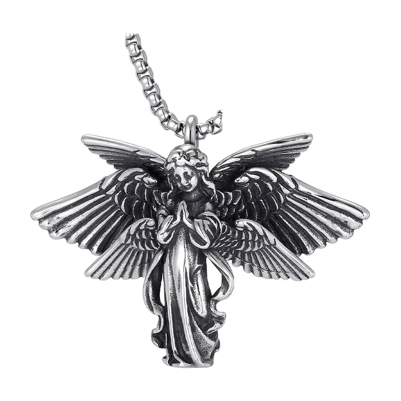 Collier Pendentif Ange Priant à Six Ailes, Acier Inoxydable
