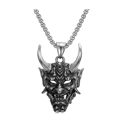 Japanese Oni Mask Pendant with Curb Chain, Stainless Steel