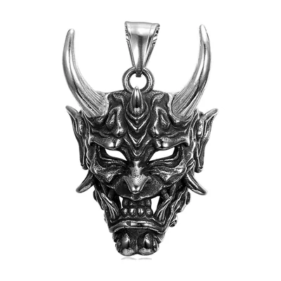 Japanese Oni Mask Pendant with Curb Chain, Stainless Steel