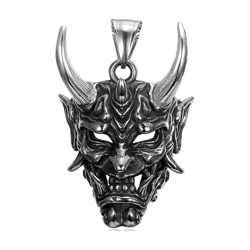 Collier Pendentif Masque Oni Japonais, Acier Inoxydable