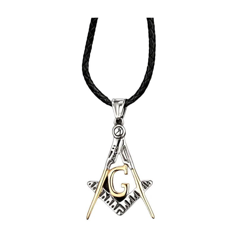 Pendentif Maçonnique Équerre et Compas avec Cordon Tressé, Acier Inoxydable