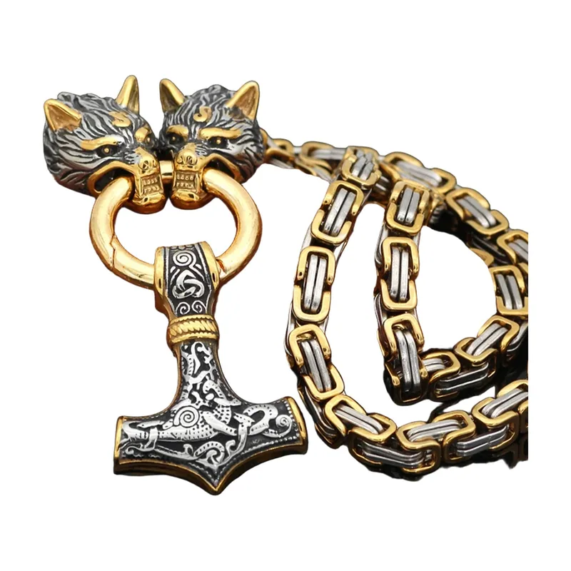 Collier Pendentif Loup et Marteau Mjölnir, Acier Inoxydable