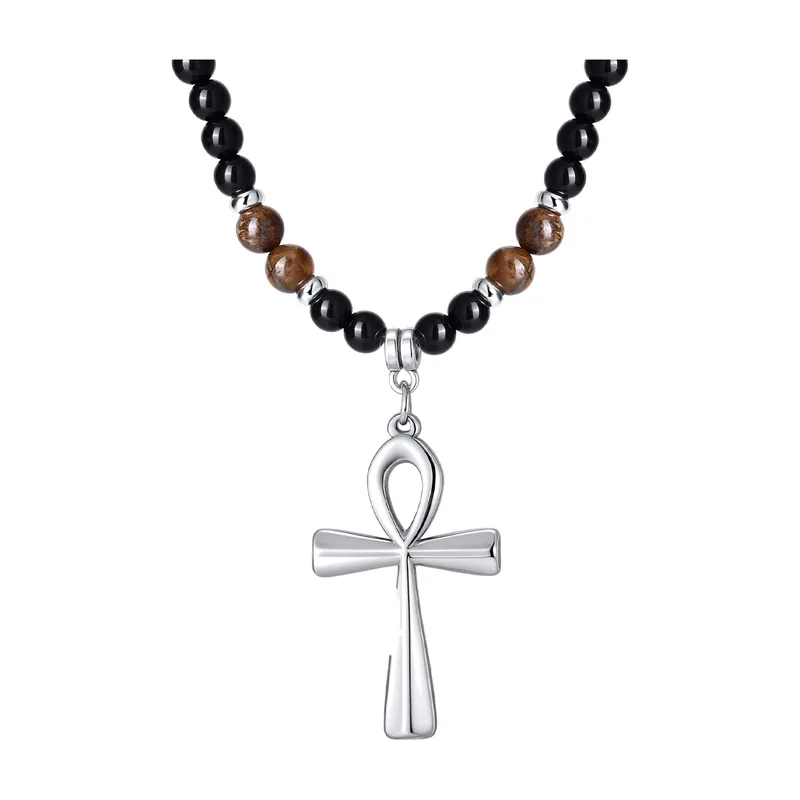 Pendentif Croix Ankh avec Chaîne de Perles, Acier Inoxydable