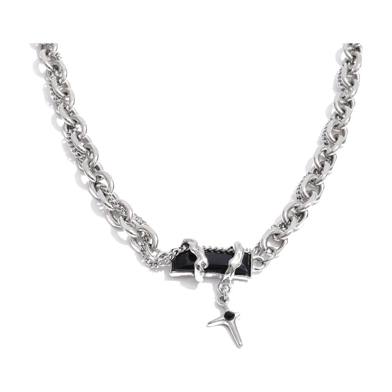 Collier Pendentif Croix avec Zirconia Noir, Acier Inoxydable