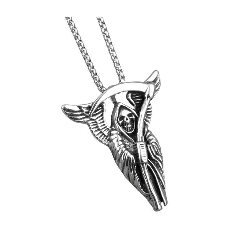 Pendentif Faucheur avec Faux et Ailes, Acier Inoxydable