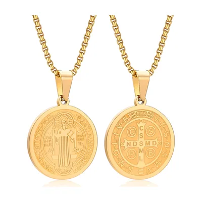 Saint Benedict Medal Pendant with Curb Chain, Stainless Steel