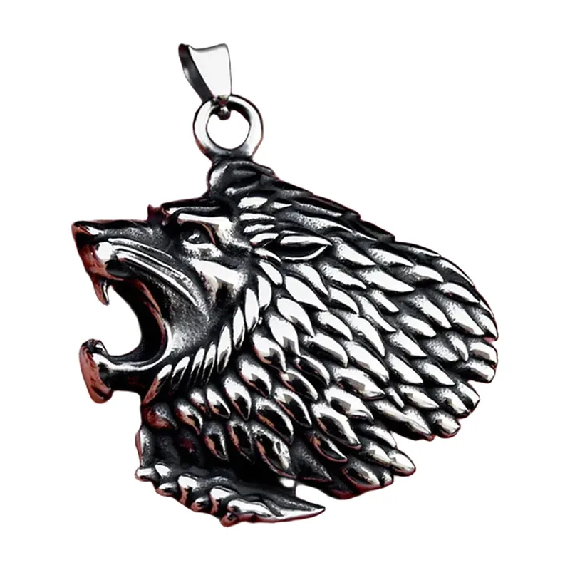 Collier Pendentif Tête de Loup Motif Viking, Acier Inoxydable