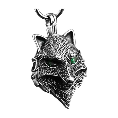 Wolfskopf-Anhänger mit keltischen Knoten und grünen Steinen, Edelstahl