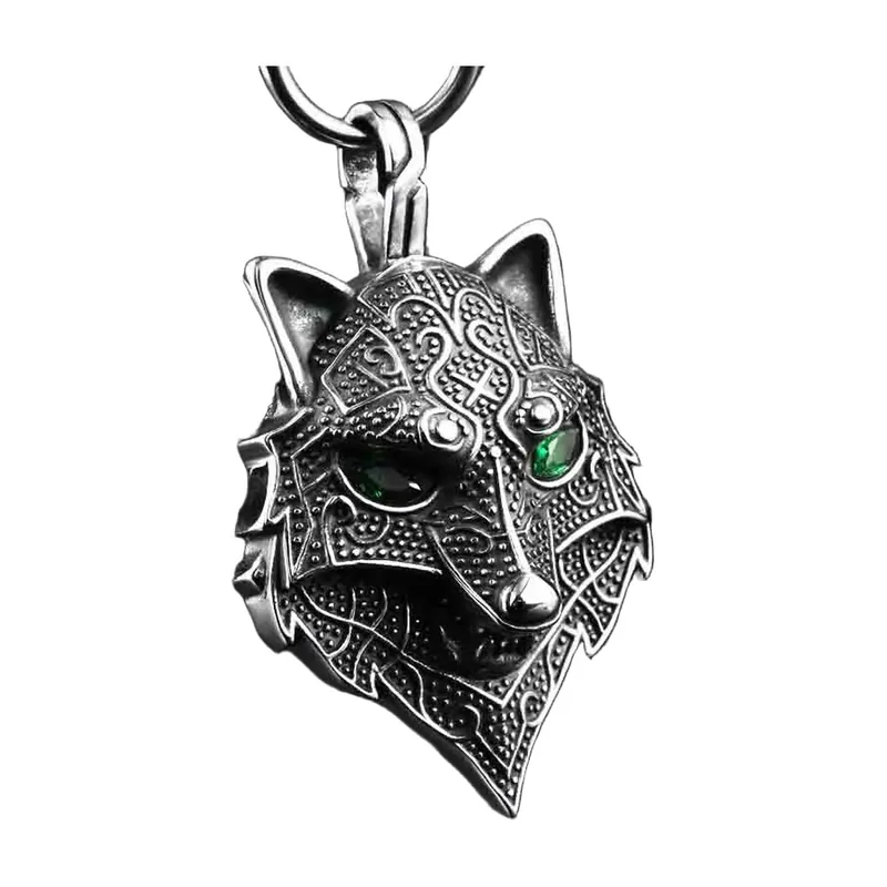 Wolfskopf-Anhänger mit keltischen Knoten und grünen Steinen, Edelstahl
