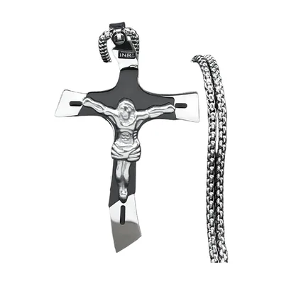 Colgante de Crucifijo con Detalles Negros, Acero Inoxidable