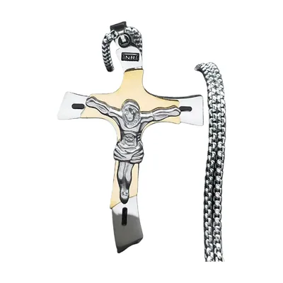 Colgante de Crucifijo Bicolor con Cadena Curb, Acero Inoxidable