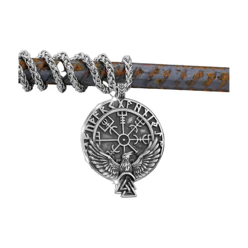 Vegvisir Wikinger Kompass Anhänger mit Odins Rabe, Edelstahl