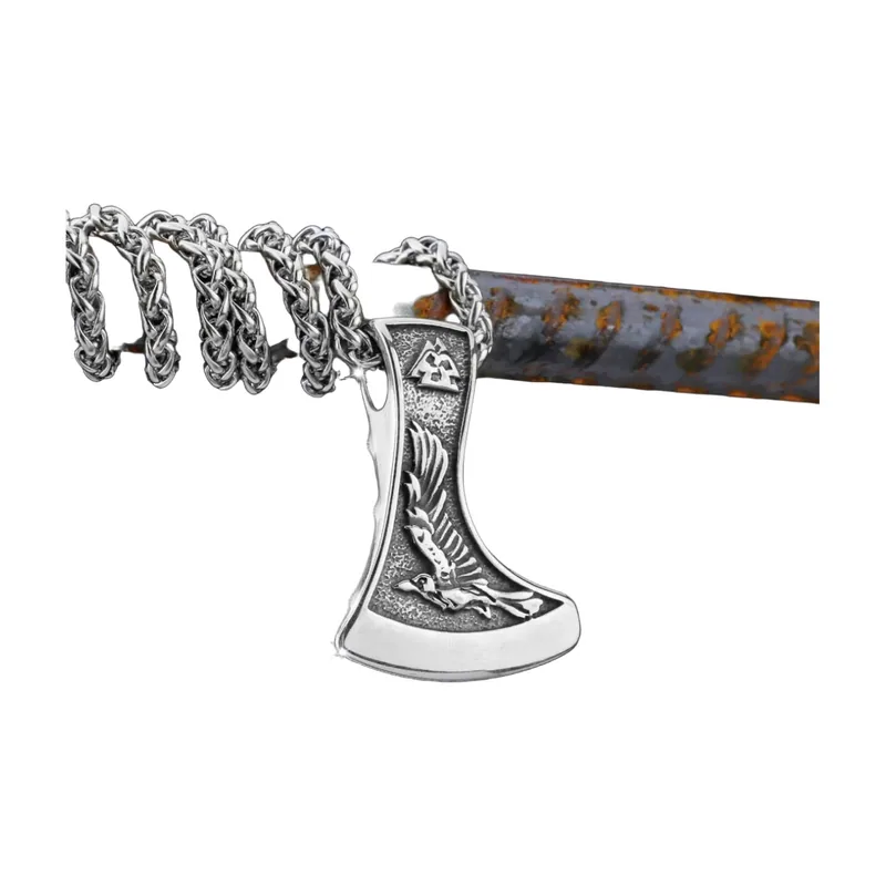Wikinger-Axt Anhänger mit Odins Raben, Edelstahl