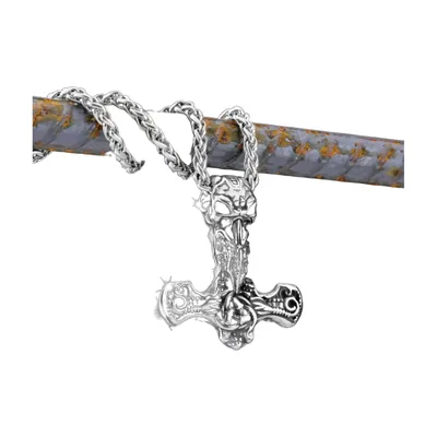Mjolnir Viking Hammer Pendant with Skull, Stainless Steel