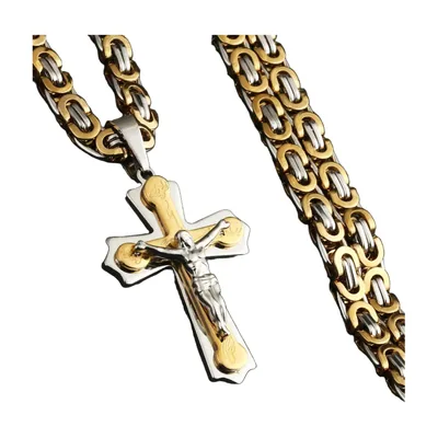Orthodox Cross Pendant with Jesus Figure and Byzantine Chain, Stainless Steel