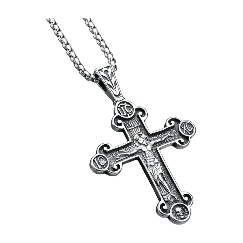 Collana Croce Crucifisso con Dettaglio Teschio, Acciaio Inossidabile