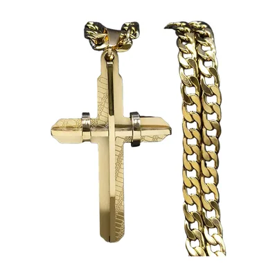 Collana con Pendente Croce 3D e Catena a Maglie, Acciaio Inossidabile
