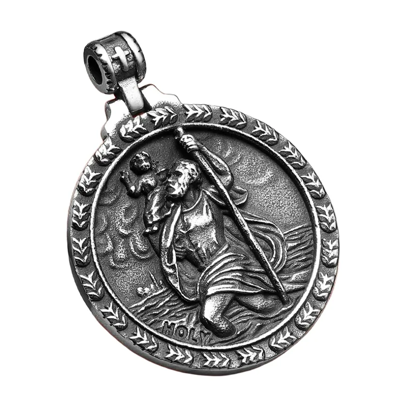 Saint Christopher Medallion Pendant with Chain, Stainless Steel
